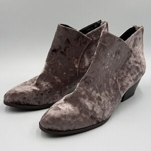 Qupid Womens Crushed Velvet Ankle Booties Taupe Mauve Pointed Toe Block Heel 7.5
